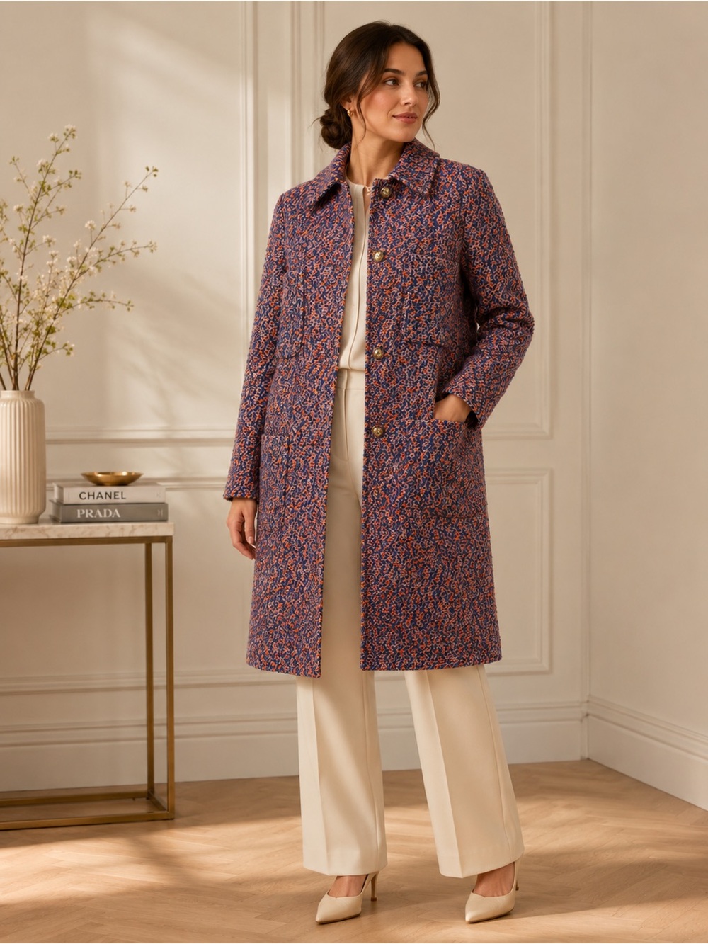 St. John Women’s Blue Orange Textured Knit Long Coat Metallic Button Front US XS